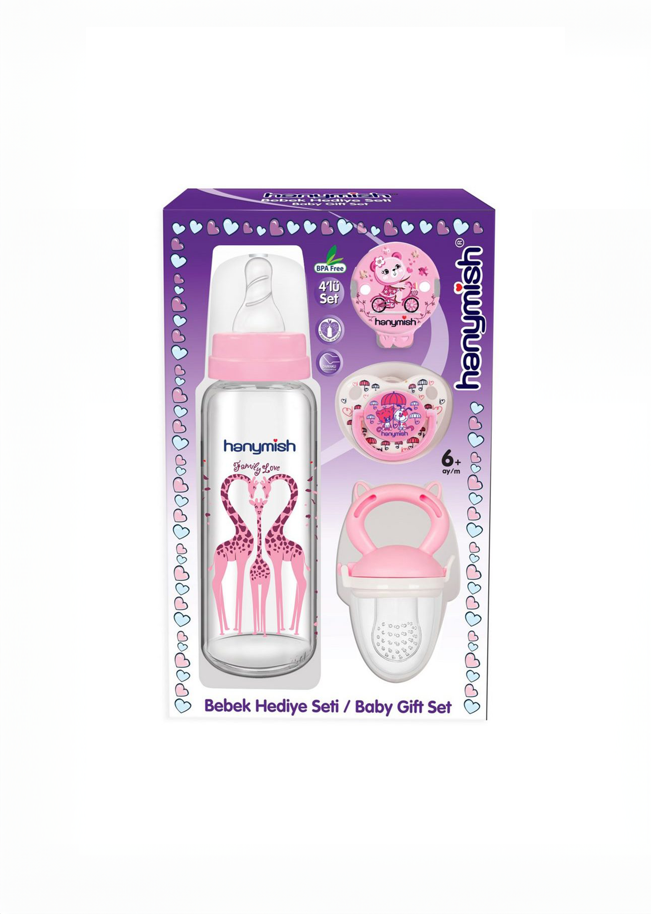 4-teiliges Neugeborenen Glas-Geschenkset pink & blau